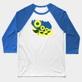 Blooming sunflowers on a blue and yellow background. Colors of the Ukrainian flag. Baseball T-Shirt